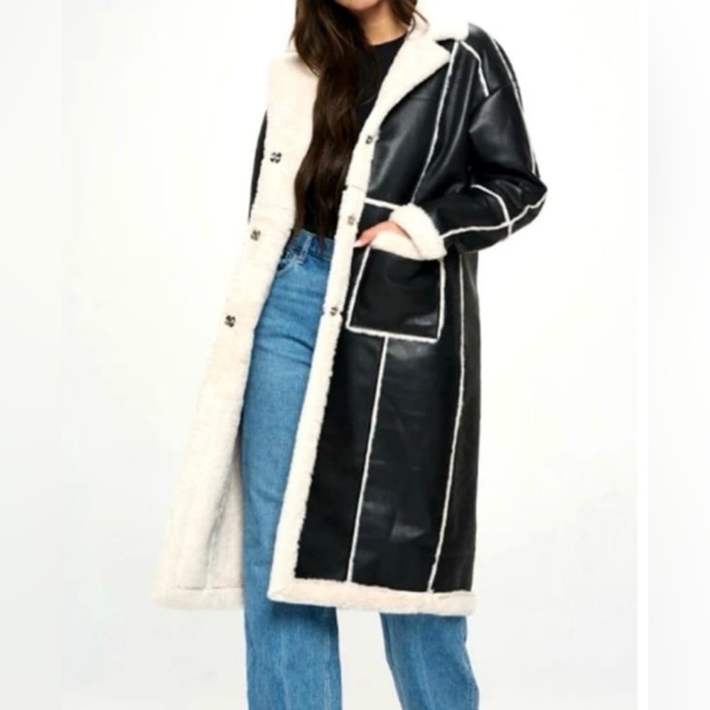 Faux Leather Faux Fur Sherpa Longline Jacket Coat